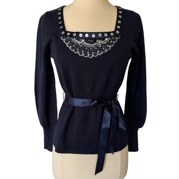 L’orfeo Sweaters - L’orfeo Paris Mulberry Silk Blue Beaded Pullover Sweater w Waist Tie Sz 10 / M